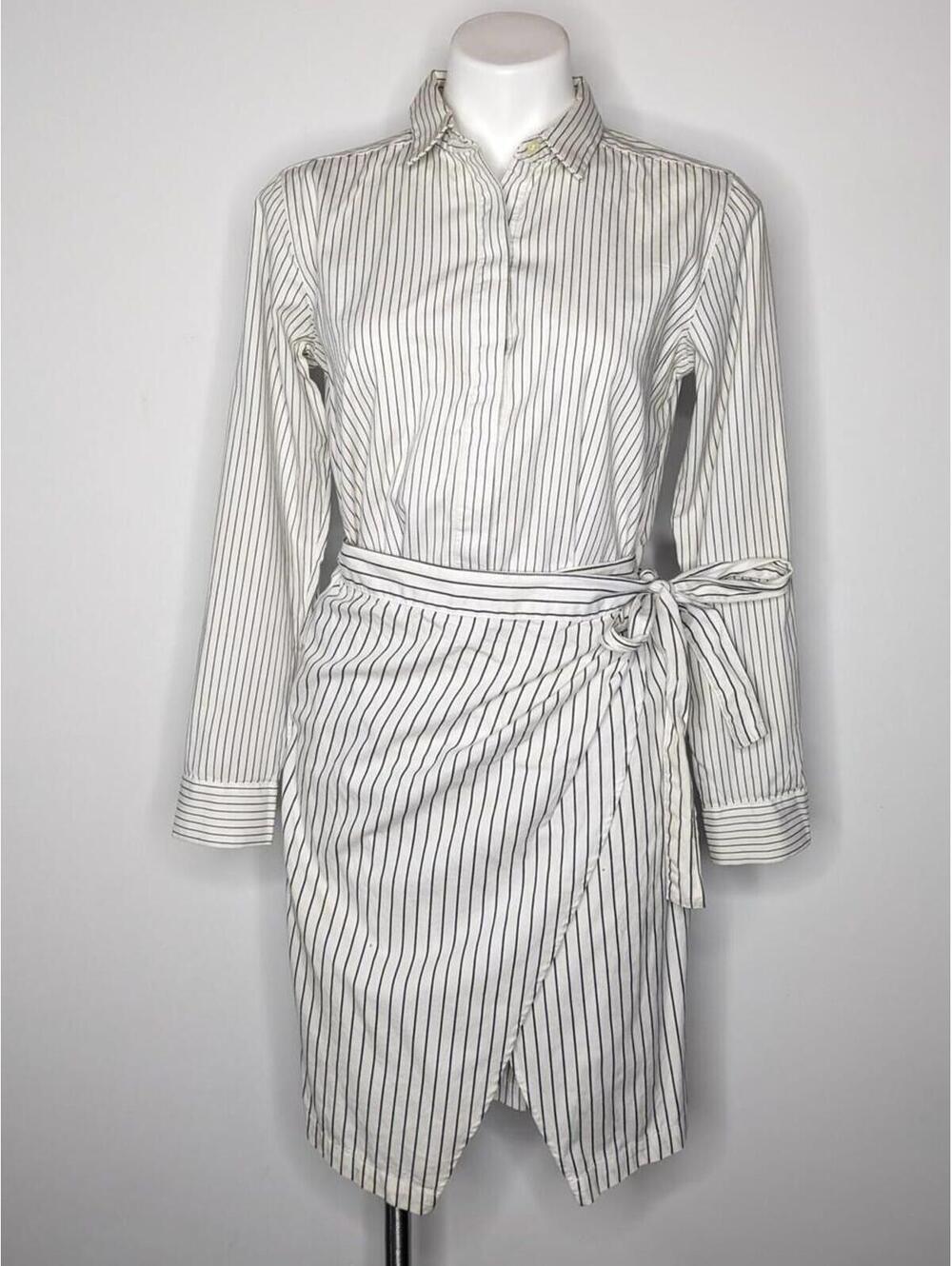 NWT GAP Black White Pinstripe Cotton Faux Wrap Dress XS